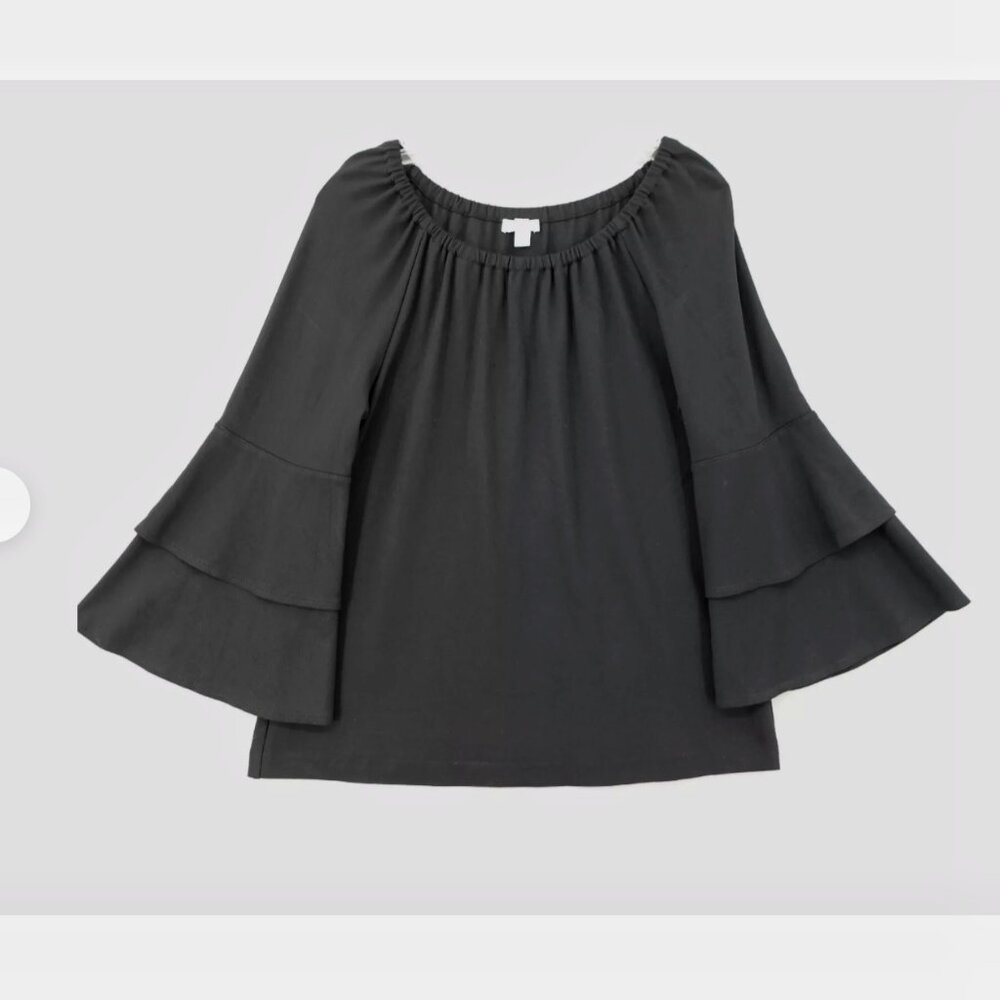 J. Jill Ponte Bell Ruffle Sleeve Black Blouse Top Size Medium Petite
